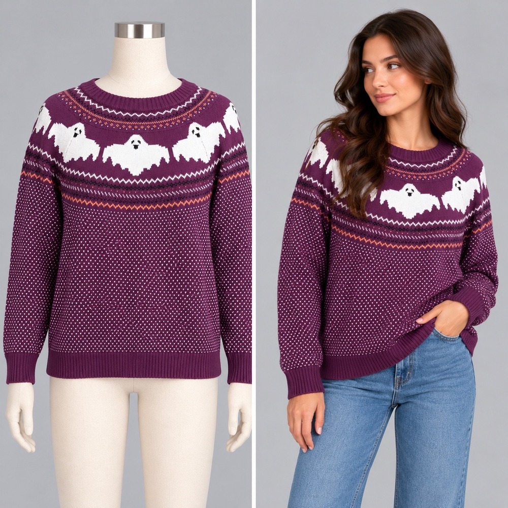ModCloth Ghost Fair Isle Sweater Womens 2X Purple Halloween Cotton Knit Spooky